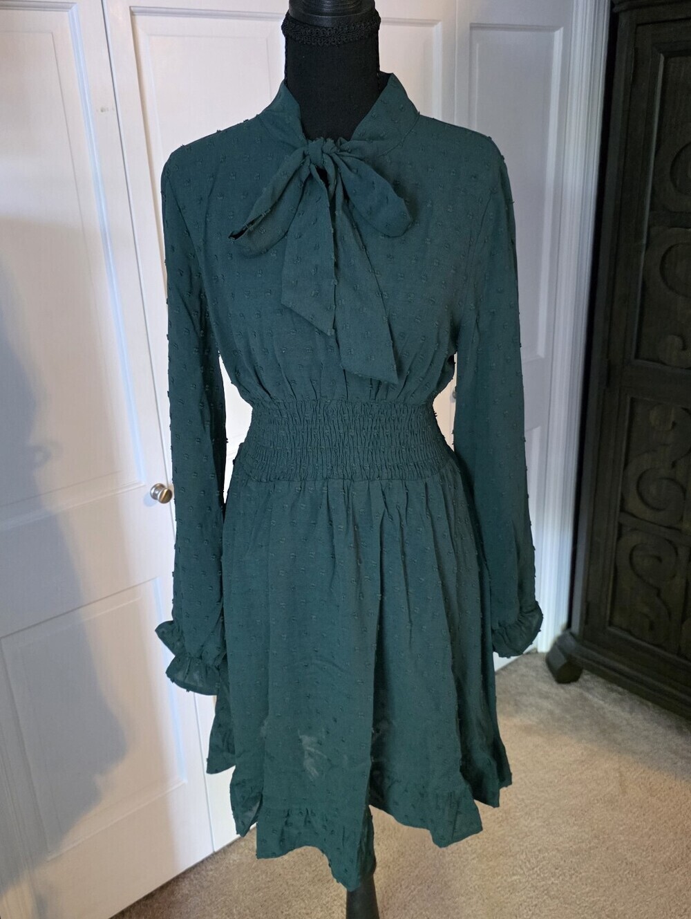 Green Long Sleeve Tie Neck Dress Women’s XL Cottagecore Fall Mini Dress
